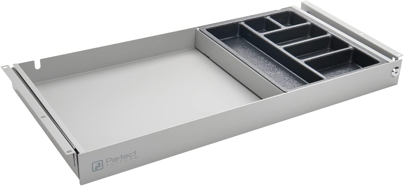Perfect Posture Max Under Desk Storage Drawer – Large Desk Drawer with Lock for Regular & Sit-Stand Standing Desks, Gray (25” x 13”)