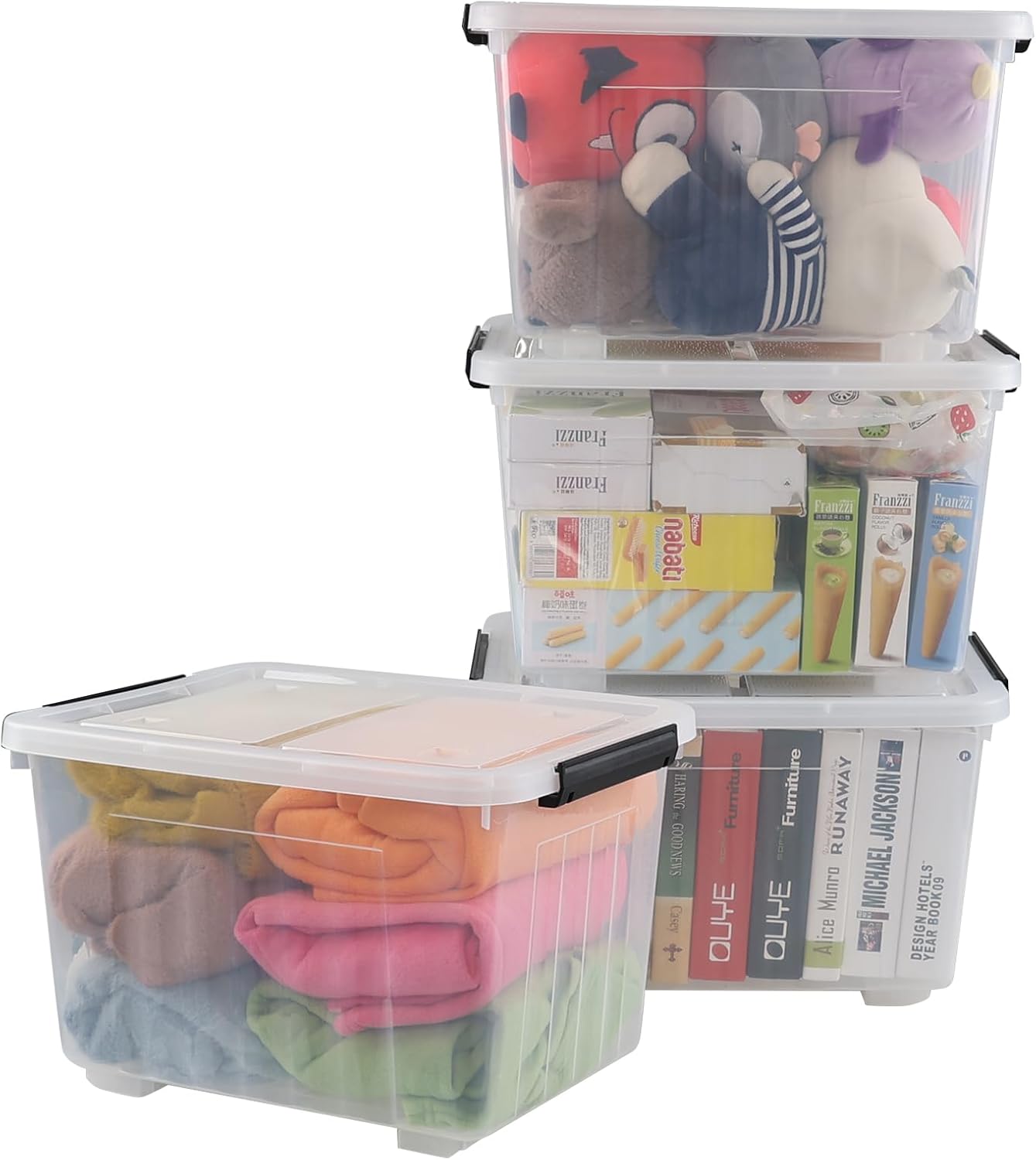 Wekioger Set of 4 Plastic Storage Box on Wheels, 32 Quart Latch Storage Container Bin, Clear