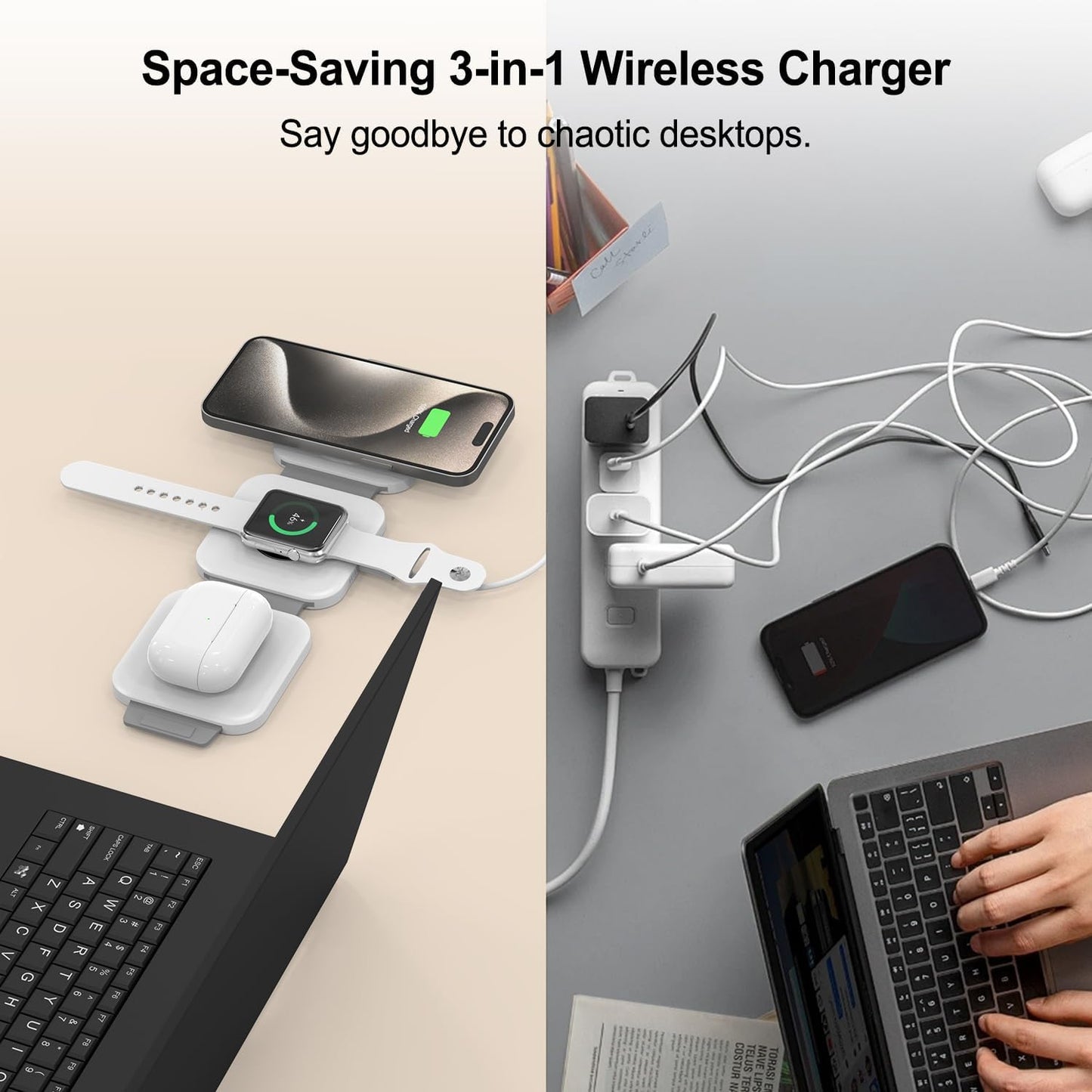 Wireless Charging Station for Apple Multiple Devices - 3 in 1 Foldable Magnetic Wireless Charger - Travel Charging Pad for iPhone 16 15 14 13 12 Pro Max Plus Watch & AirPods (White)