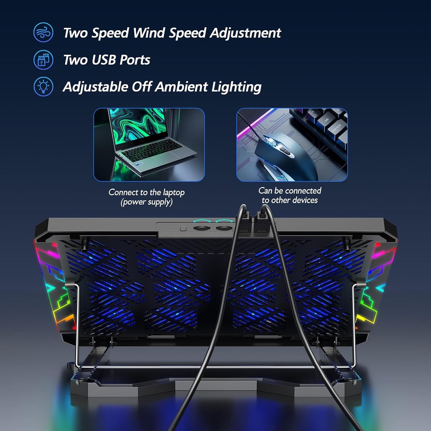 Laptop Cooling Pad with 12 Quiet Fans, Slim Portable for 12-17.3 Inch Laptop Cooler Stand with 5 Height Adjustable, Ergonomic Gaming Cooling Fan Pad with Two USB Ports & Phone Holder (Gear)