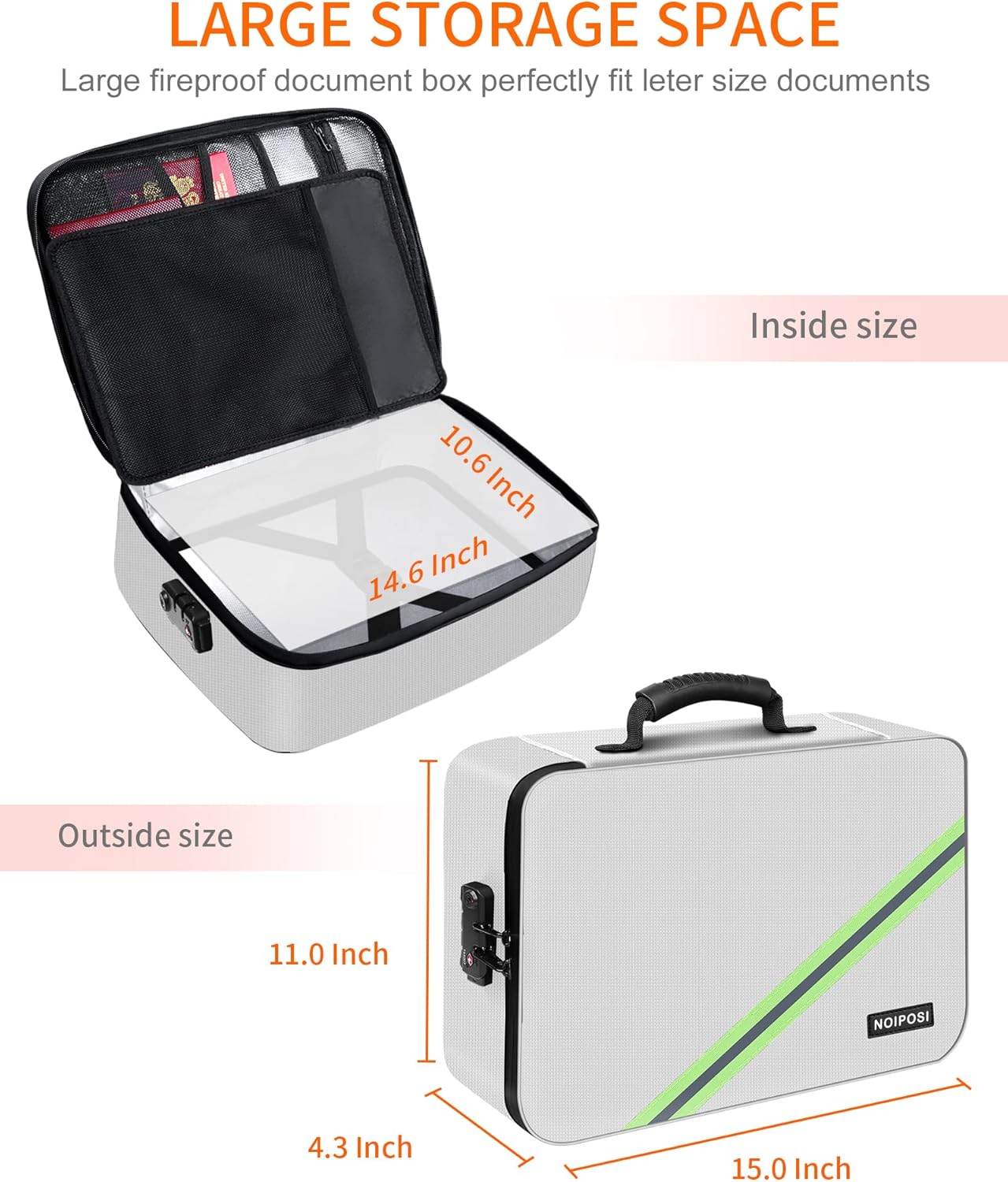Noiposi Document Organizer with Lock, 15.0"x11.0"x4.3" Waterproof & Fireproof Document Box, Portable Home Safe Storage for Important Files, Silver