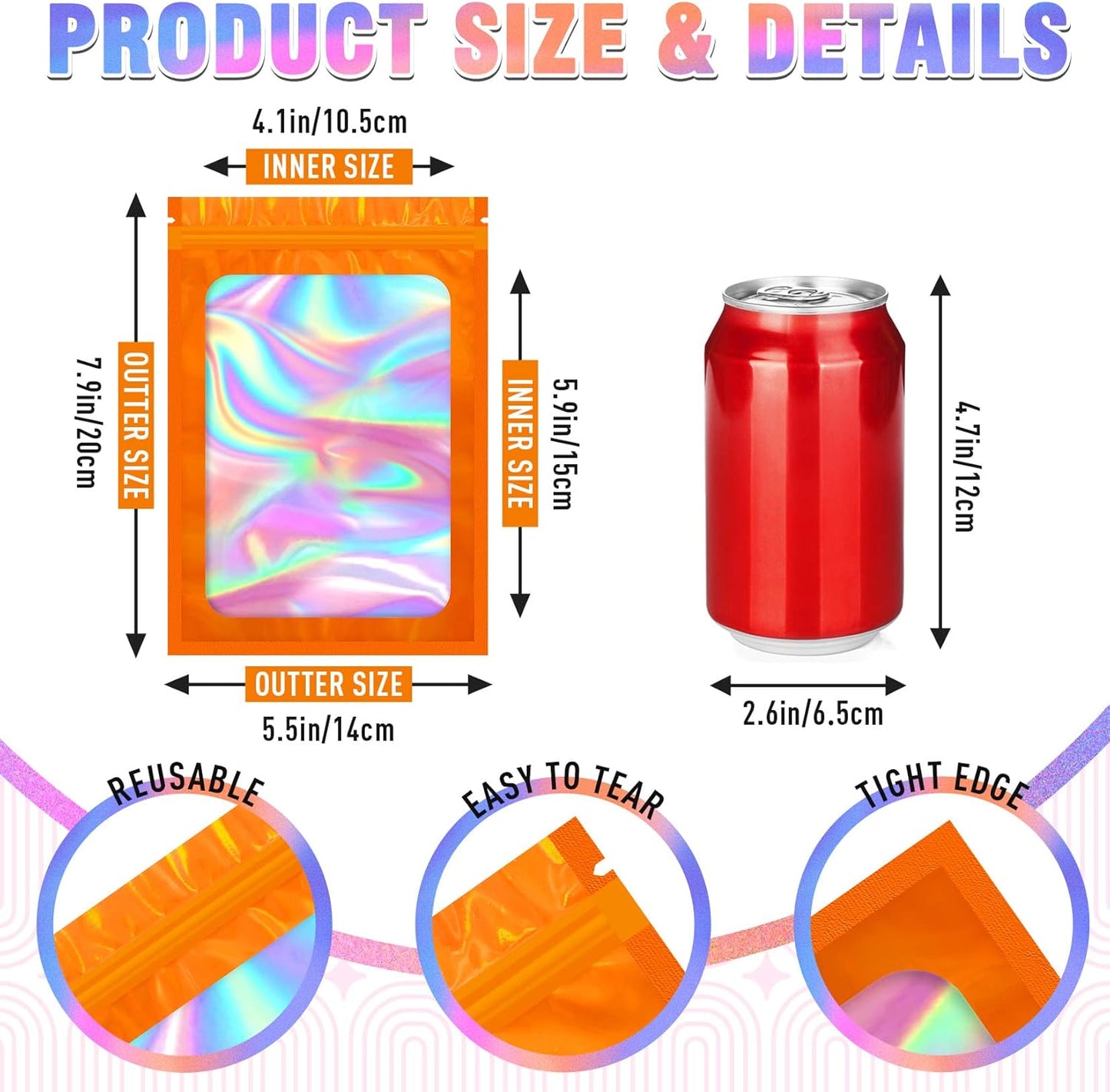 Mylar Bags, 100 PCS Smell Proof Bag, Holographic Bags, Packaging Bag (5.5x7.9 Inch)