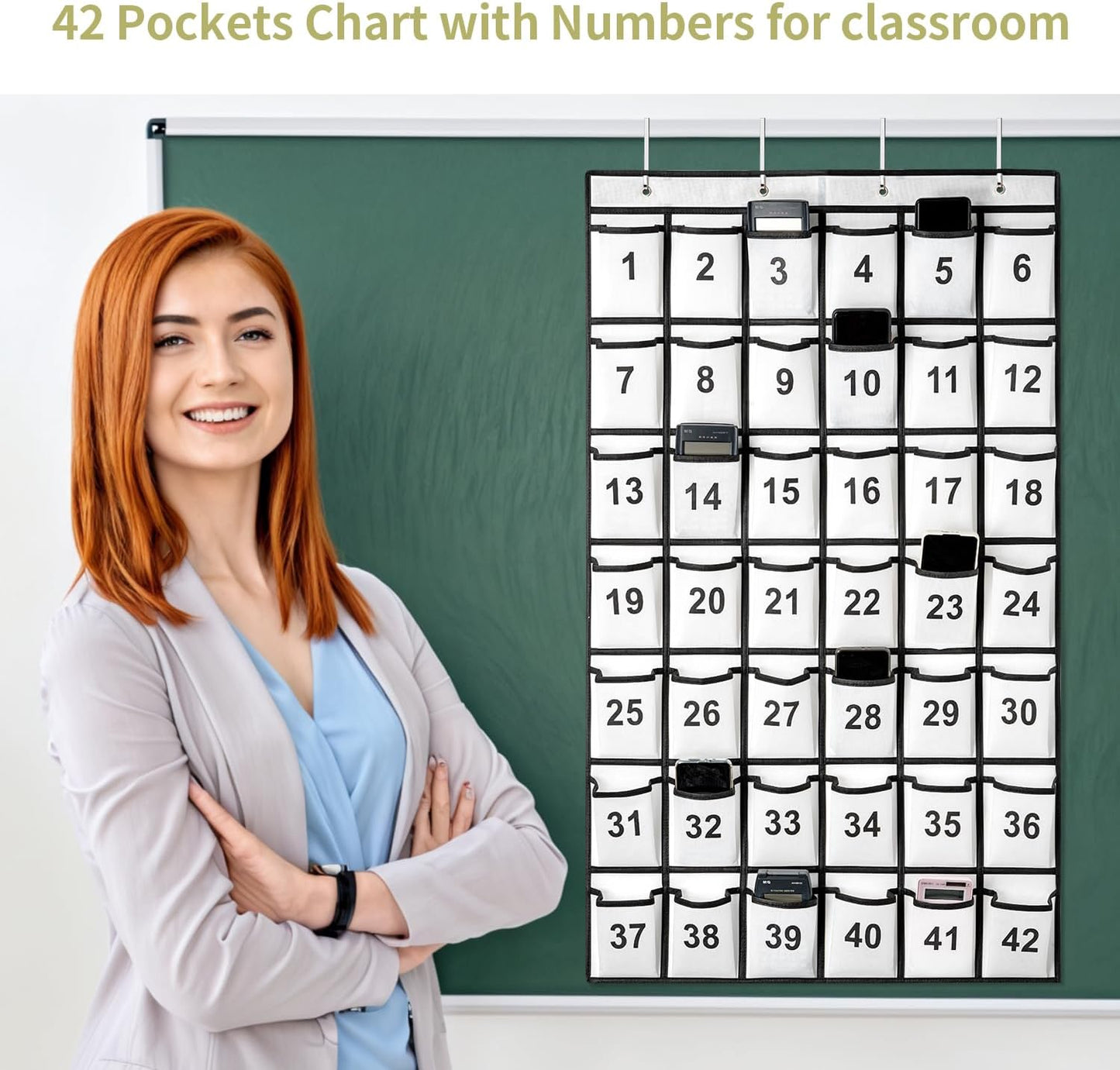 42 Pockets Numbered Classroom Pocket Chart for Cell Phones, Hanging Pocket Chart Storage for Classroom Phone Calculator Holder with 4 Hooks and 42 Clear Numbers Printing (White-42pockets)