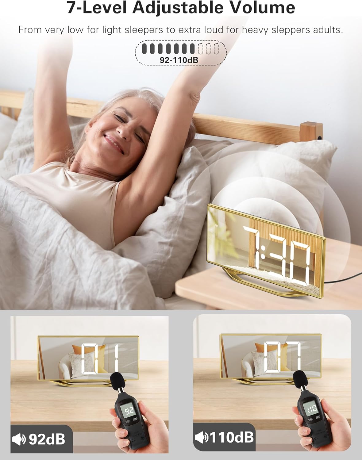 Digital Alarm Clock for Bedrooms, Slim LED Desk Clock with Gold Mirror Finish, 7 Levels Brightness, Dual USB Ports, Snooze, 12/24H, 8.7" Large Display Modern Bedside Clock for Home Office Decor