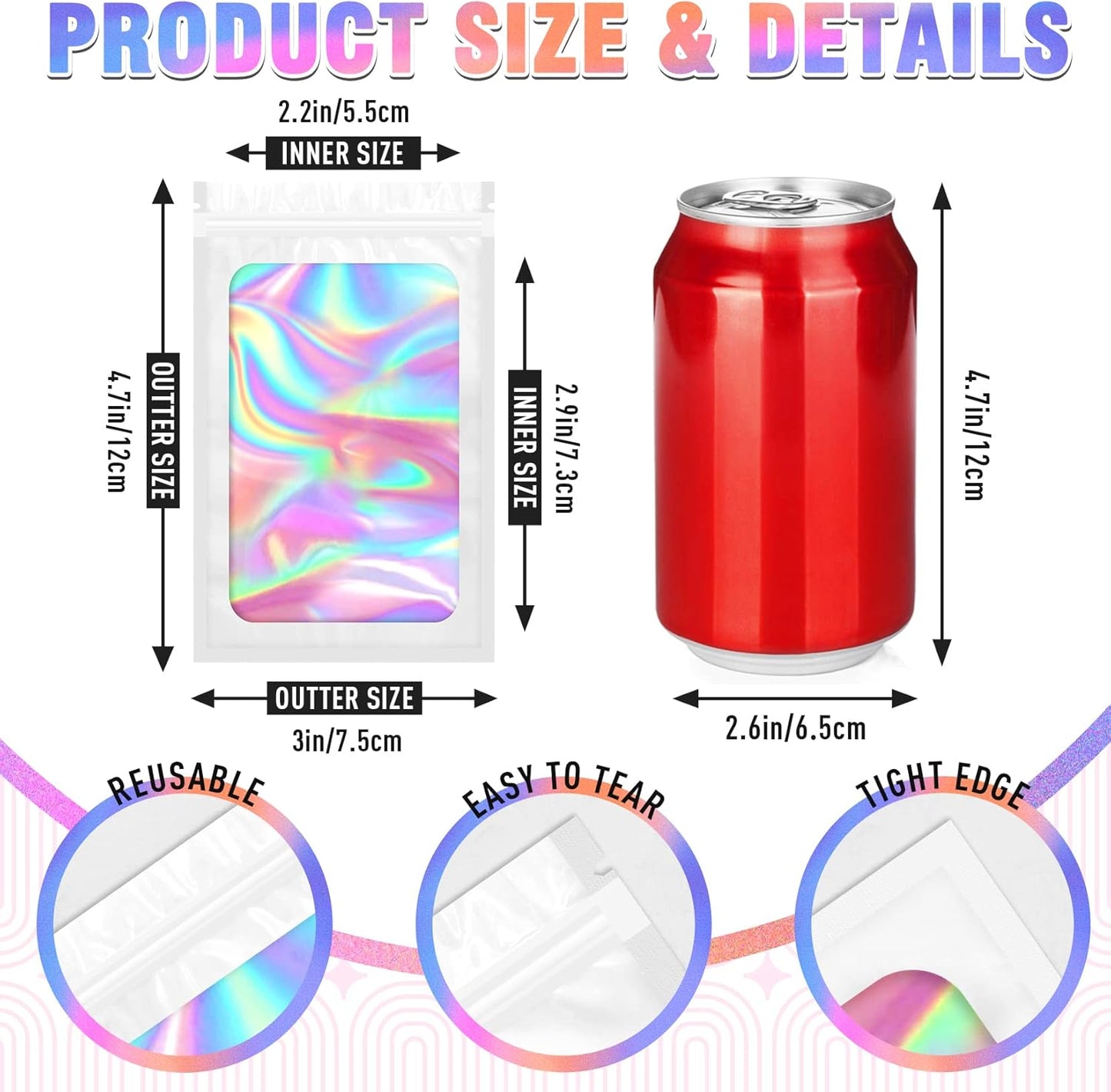 Smell Proof Bag, 100 PCS Holographic Bags, Packaging Bags, Resealable Bag (3x4.7 Inch)