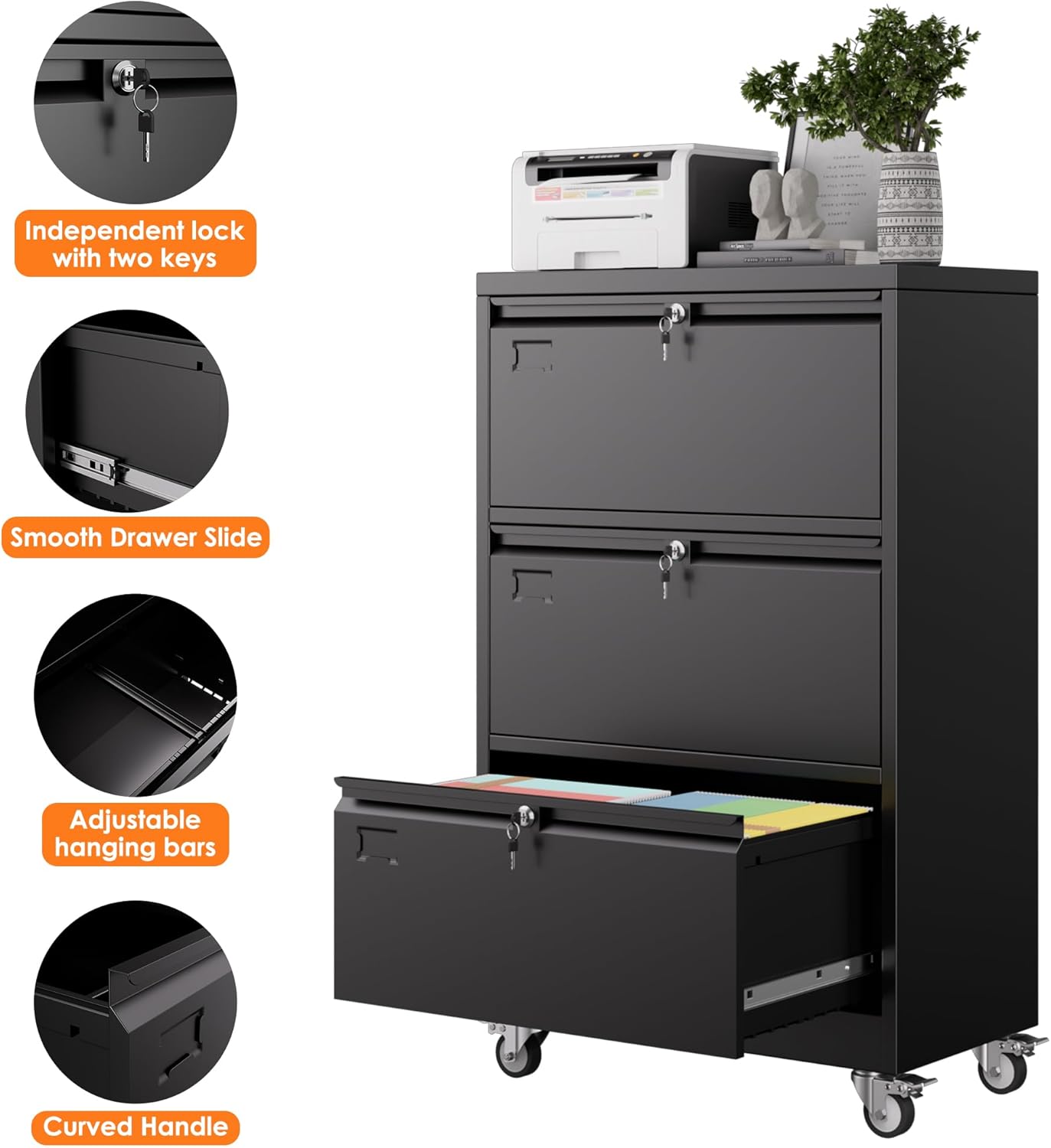 Aobabo 3 Drawer Lateral File Cabinet with Wheels,Metal Filing Cabinet with 3 Lock, for Home Office School Hanging Files Letter/Legal/F4/A4 Size, Assembly Required, Black