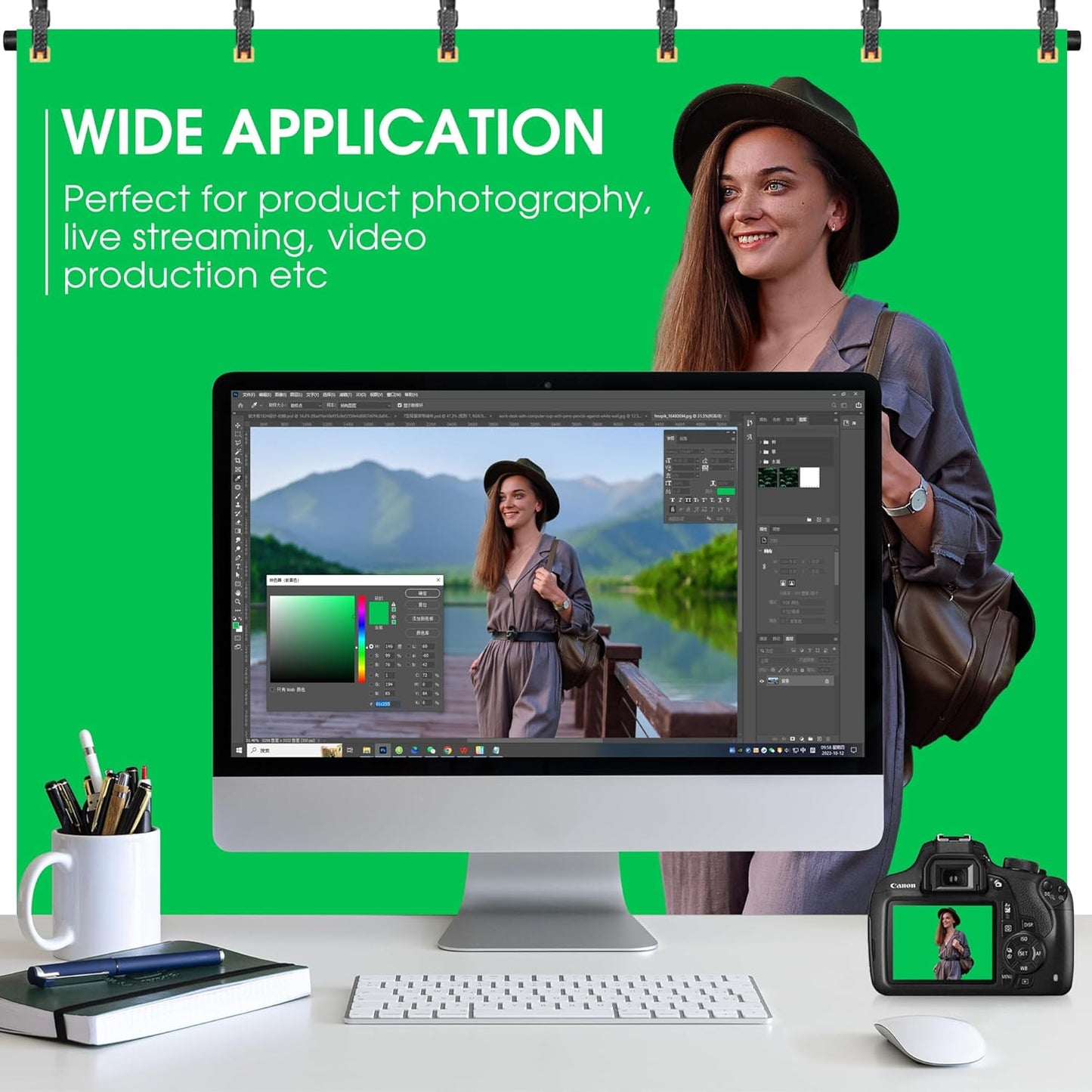 Green Screen Backdrop with Stand, 8x5.3ft Portable Greenscreen Background with Stand, T-Shape Green Screen Stand kit with 6 Spring Clamps, Sandbag, Carry Bag for Zoom, Video