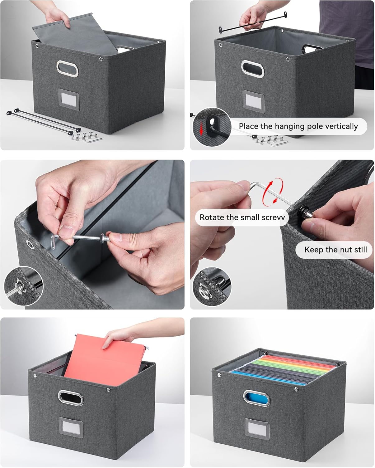 2 Pack File Organizer Box with Lid, Large Hanging Filing Box with Mesh Pocket, Document Organizer for Letter Files, Portable Storage Case for Office&Home (Dark grey)