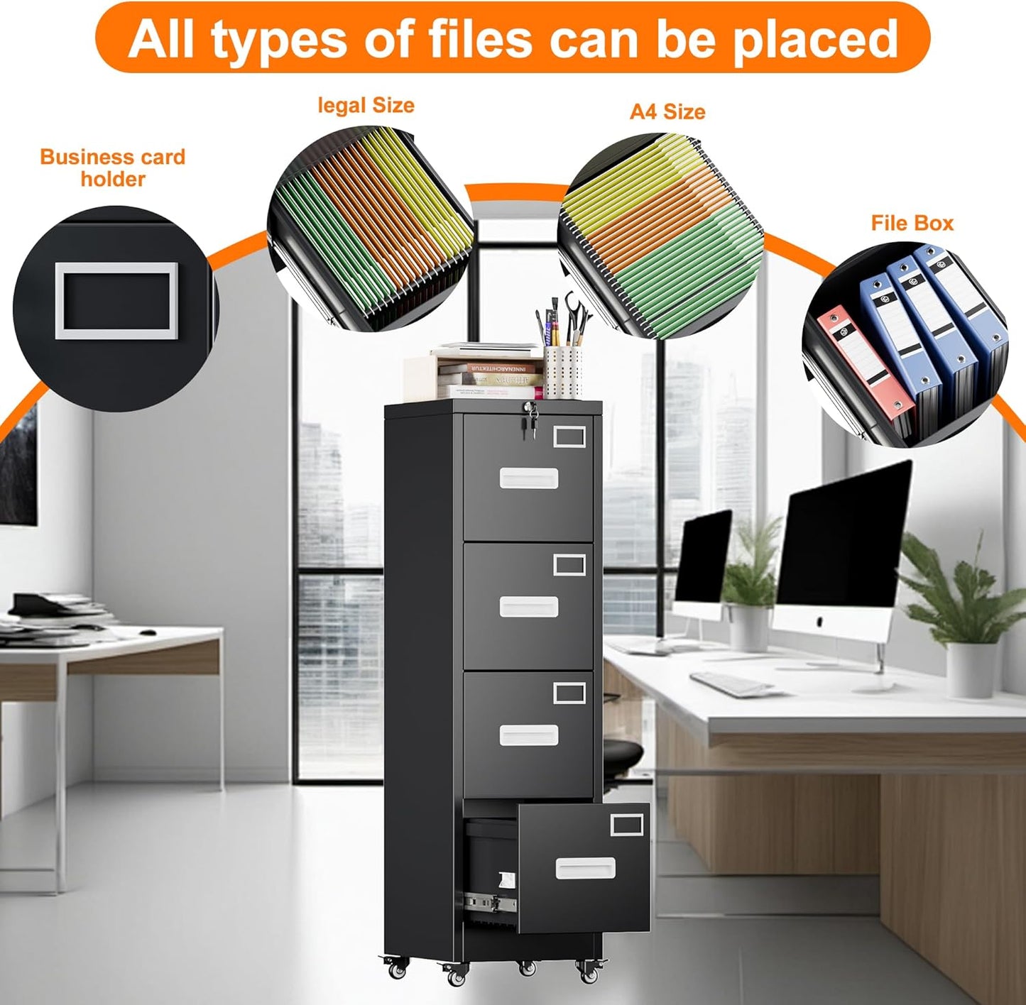 Aobabo 56" H 4 Drawer Moblie File Cabinet with Lock, Metal File Cabinet for Home Office with Wheels, Storage Legal/Letter A4 Size, Black, Assembly Required