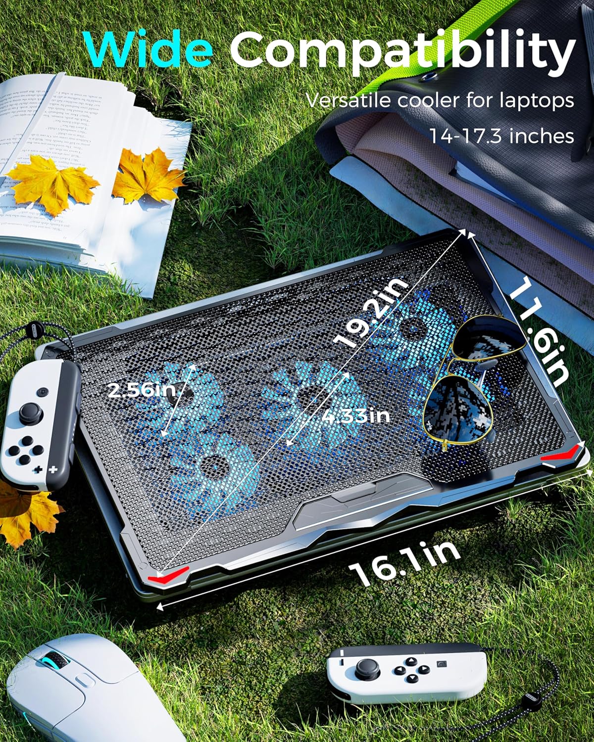 AICHESON Laptop Cooling Pad 5 Fans Up to 17.3 Inch Heavy Notebook Cooler, Blue LED Lights, 2 USB Ports, S035, Blue-5fans