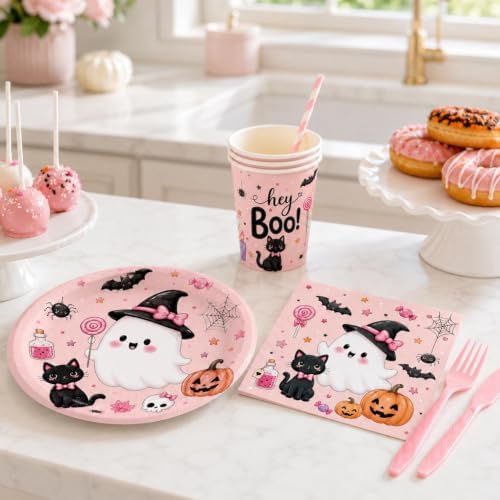 LINHAXM 168 PCS Pink Halloween Party Supplies, Hey Boo Ghost Halloween Plates, Napkins, Cups, Forks, Knives, Straws for Halloween Birthday Baby Shower Decorations, Serves 24 - Image 4