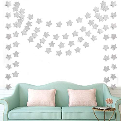 6 Pcs Glitter Silver Star Paper Garland Christmas Birthday Party Decorations - Image 2
