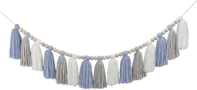 DrCor Coastal Blue White Tassel Garland – Boho Decor | Handmade yarn banner by DrCorDreamingDecor