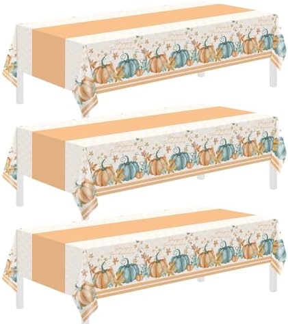 Childom 3 PCS Thanksgiving Disposable Tablecloths,Thanksgiving Decorations 54 x 108 Inch Orange Pumpkin Maple Table Cloths Plastic Table Cover for Rectangle,Home,Parties,Outdoor Picnic,Baby Showering by Childom