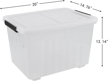 50 Quart Clear Storage Container with Lids and Wheels, 4-Pack Clear Plastic Latching Bins