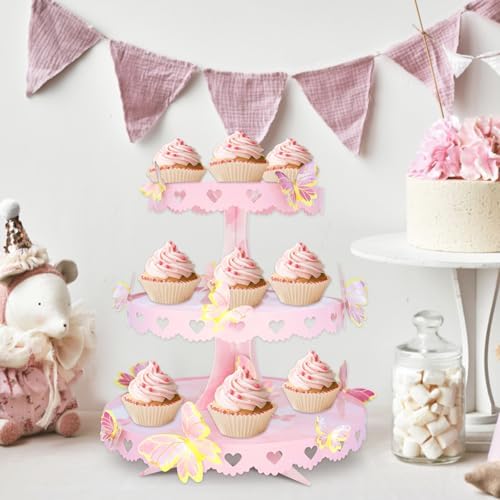 3 Tier Butterfly Cupcake Stand Pink Princess Dessert Tower - Image 2