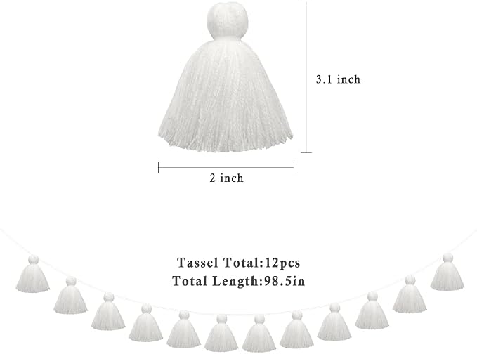 Big Size Tassel Garland H3.1in Polyester Yarn White Pom Pom Tassel Banner - Image 3