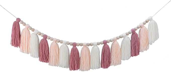 DrCor Blush Pink Tassel Garland – Boho Classroom Decor | by DrCorDreamingDecor