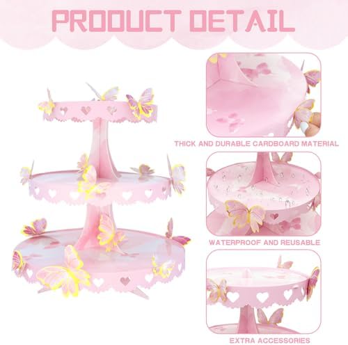 3 Tier Butterfly Cupcake Stand Pink Princess Dessert Tower - Image 4
