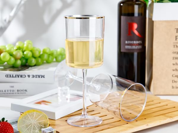 Ciaell 12 Pack Plastic Wine Glasses - 10 Oz Plastic Wine Glasses with Stem - Gold Rim Disposable Cups for Parties & Weddings & Poolside & Toasting & Outdoors & Thanksgiving