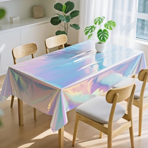 1 Pack Iridescent Tablecloth, 54" x 108" Birthday Party Table Cloths Iridescence Plastic Disposable Table Covers Iridescent Party Decorations, Birthday Decor Tablecloth for Buffet Table - Image 4