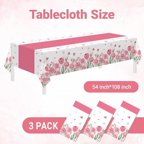 Childom 3 Pack Pink Tablecloth, Disposable Floral Tulip Tablecloth, 54" x 108" Plastic Rectangle Table Cover for Mother's Day, Tea Party Decorations, Birthday, Butterfly Party Supplies - Image 5