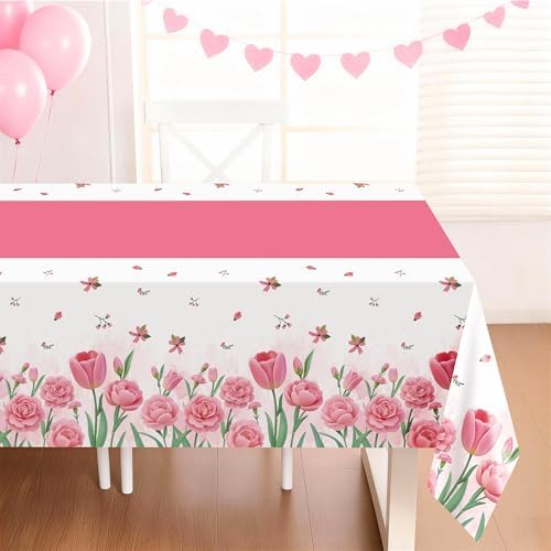Childom 3 Pack Pink Tablecloth, Disposable Floral Tulip Tablecloth, 54" x 108" Plastic Rectangle Table Cover for Mother's Day, Tea Party Decorations, Birthday, Butterfly Party Supplies - Image 4