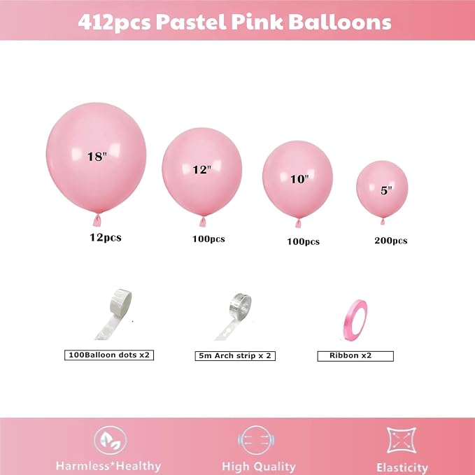 412pcs Pastel Pink Balloon Garland Arch Kit 18 12 10 5 Inch Different Sizes - Image 2