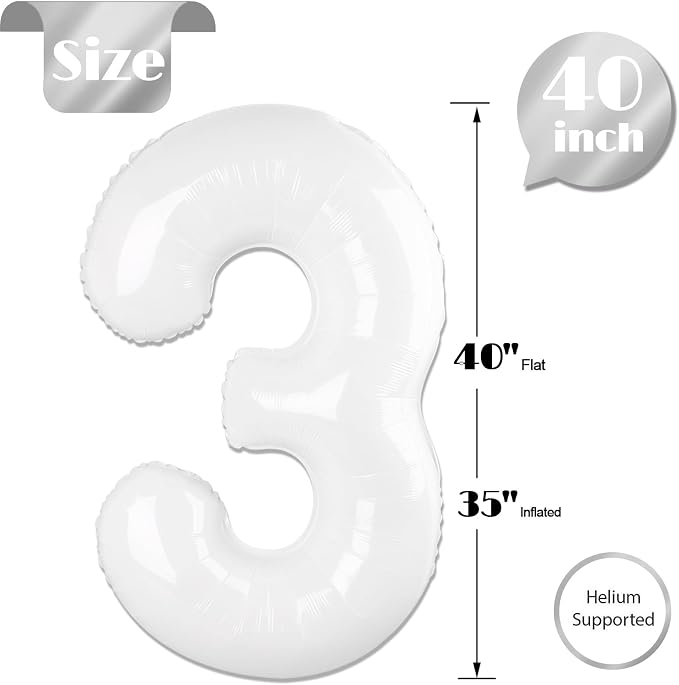 White Number 3 Balloon 40 Inch, 3rd Birthday Party Decorations Men Women | Foil - Image 5