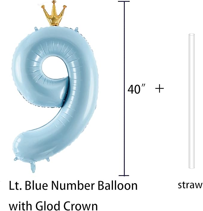 Number 9 Foil Balloon with Crown, 40-Inch Light Blue | Light blue number 9 foil - Image 2