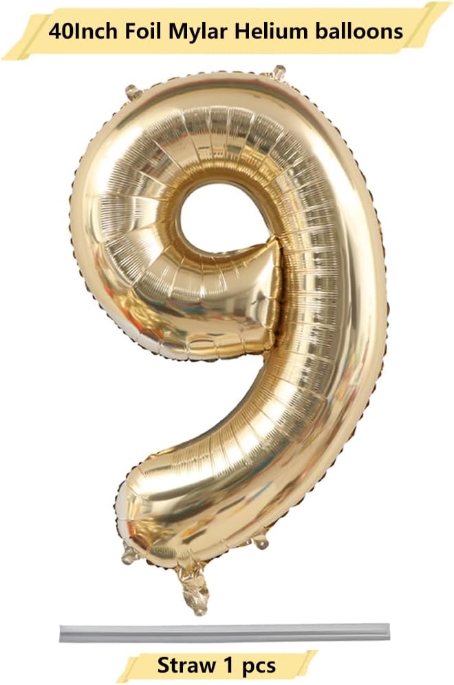 Light Gold Number 9 Foil Balloon 40IN Champagne Gold 9 Mylar Helium Balloon | - Image 2