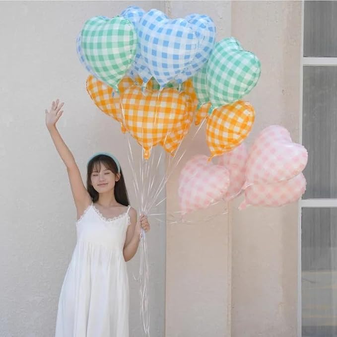 Pastel Grid Heart Balloons, 18 Inch Pink Yellow Blue Red Green Lattice Foil - Image 7