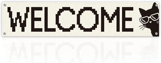 Funny Cat Welcome Banner for Porch Entryway, Pixel Art Wall Hanging Decor for by Unknown