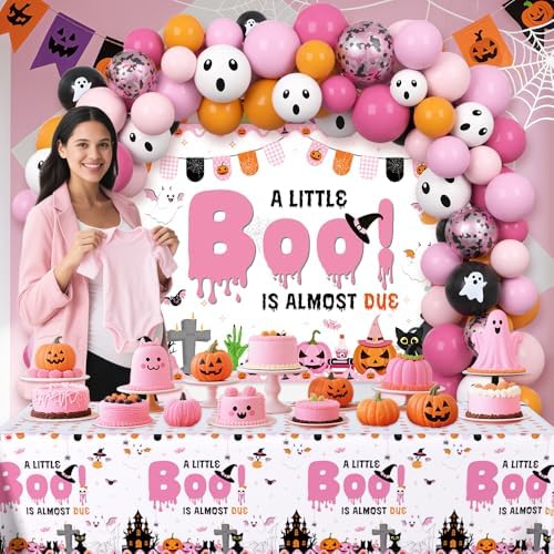 AIBIIN 112pcs Halloween Baby Shower Balloon Arch Kit Decorations Pink A Little Boo Is Almost Due Baby Shower Girl Balloons Arch with Banner Ghost Groovy Halloween Birthday Party Decorations Supplies - Image 4