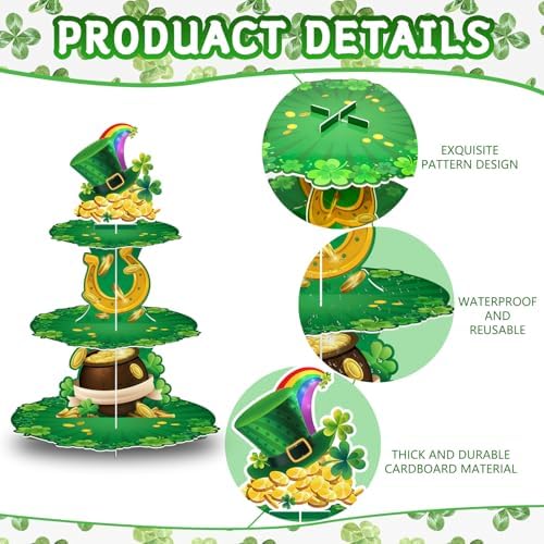 3 Tier St. Patrick's Day Cupcake Stand Shamrock Cardboard Display Stand Green Irish Cupcake Holder for St. Patrick's Day Party Decorations - Image 3