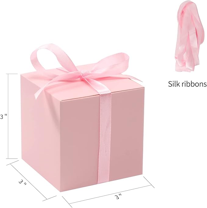 COTOPHER 25pcs Pink Wedding Favor Boxes, 3x3x3 Inch Gift Boxes with Ribbons for Wedding, Baby Shower, Birthday, Bridal Shower