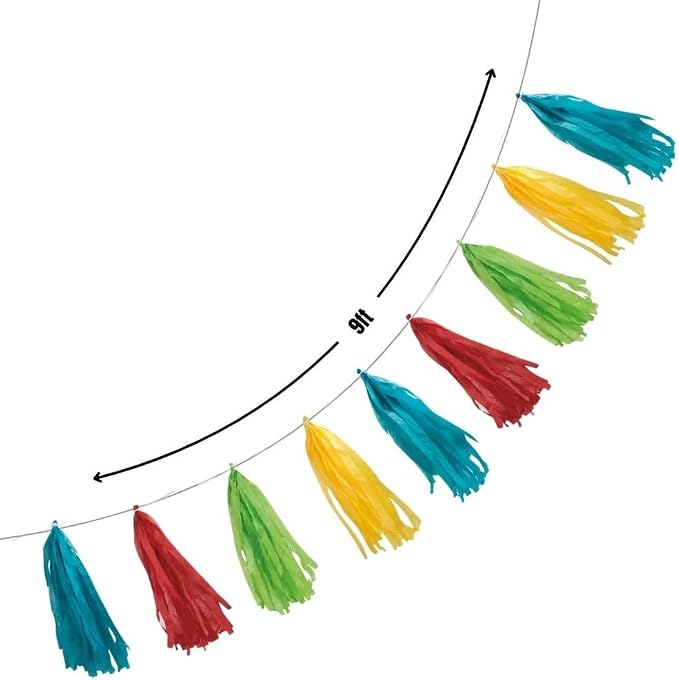 Vibrant Rainbow Tissue Tassel Garland - 9 ft. - Eye-catching Paper Tassels - Image 3