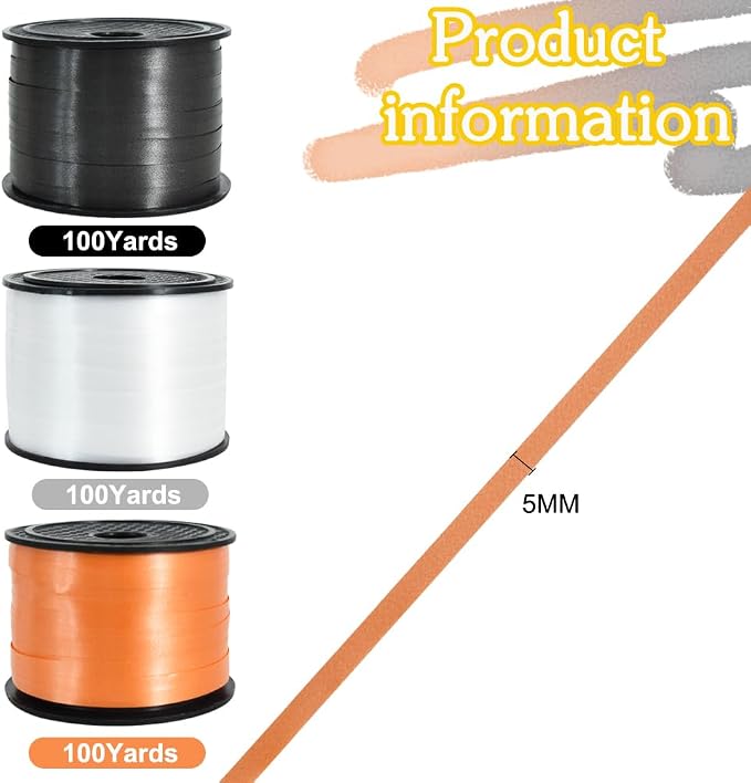 BEISHIDA 3 Pack 100 Yards Black White Orange Curling Crimped Thin Curly Ribbon - Image 2
