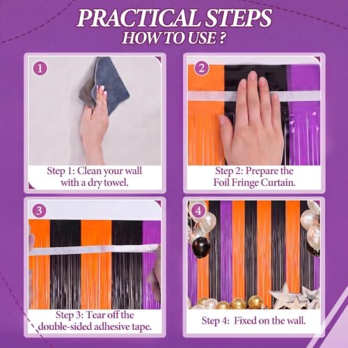 DECOCKRAT Orange&Black&Purple Tinsel Backdrop Foil Fringe Curtains, 2 Pack - Image 2