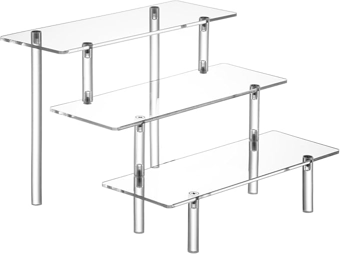 Acrylic Display Risers, Acrylic Perfume Stand Organizer, Clear Shelf Risers for Display Stands for Food, Tabletop Use, Amiibo Funko POP Figure, 3 Tier Clear Cupcake Stand Risers