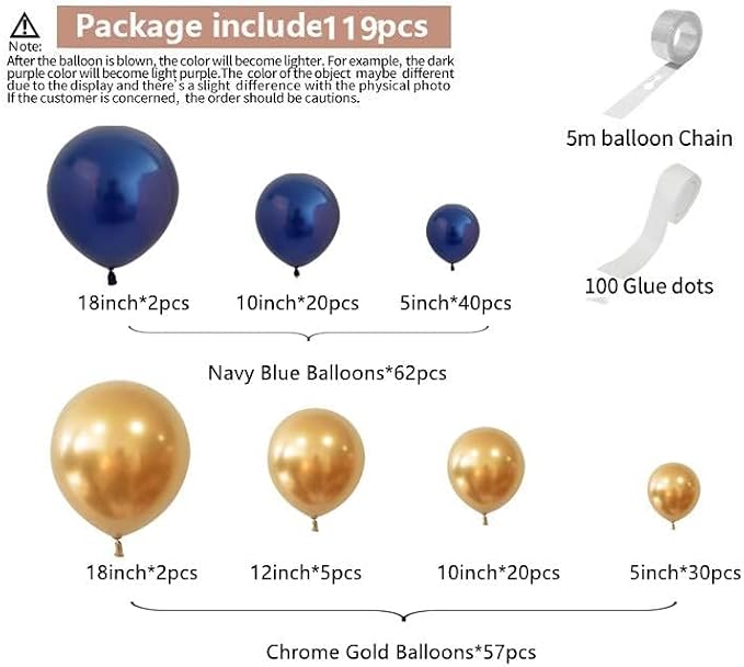 Navy Blue Balloons Arch Garland Kit 119pcs Chrome Gold Balloons - Image 4