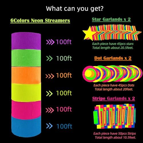 703feet UV Paper Neon Garland Neon Streamers Glow in The Dark Glow Party Supplies and Decorations Glow in The Dark Streamers Blacklight Reactive Fluorescent Black Light Neon Party Supply for Birthday - Image 3