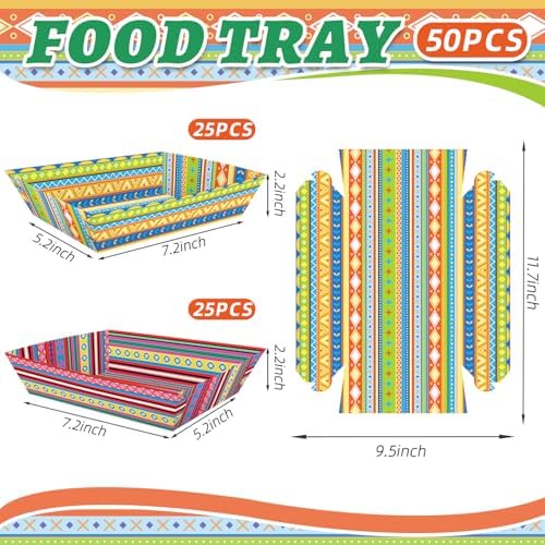 Fiesta Decorations, 50 Pcs Mexican Food Trays - 2 Designs Nacho Boat - Image 2
