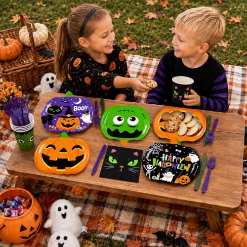 168 Pcs Halloween Party Decorations Pumpkin Shaped Paper Plates Disposable Halloween Plates Napkins Cups for Birthday Table Party Favor Supplies - Image 5