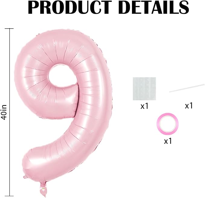 TONIFUL 40 Inch Pastel Pink Number 9 Balloons Large Foil 9th Birthday Decor | - Image 2