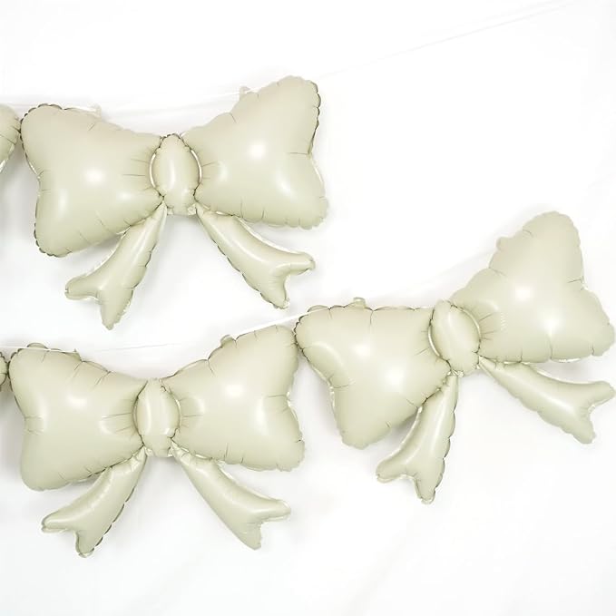 6 Pieces Bow Balloons, Cream White Matte Metallic Foil Bowtie Balloon - Image 4