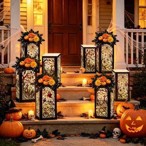 8 Pcs Halloween Table Centerpieces Floral Vase Boxes Spooky Silhouette Cutout Paper Lantern Spider Web Ghost Goodie Candy Boxes for Indoor Table Decor, Party Supplies 5x5x9.5in - Image 6