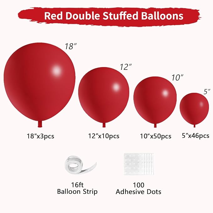 Double Stuffed Red Balloons Different Size 115Pcs 5/10/12/18 Inch Rudy Red - Image 2