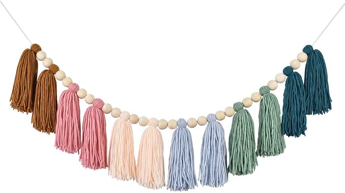 DrCor Earth Tone Tassel Garland – Boho Classroom Decor | Wood bead wall hanging by DrCorDreamingDecor