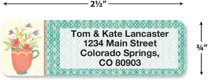 Teacups Rolled Personalized Return Address Mailing Labels with Dispenser, Set of 500, 5 Designs, Small ¾ x 2½ Inch Size, Custom Self-Adhesive Sticker Roll, by Colorful Images